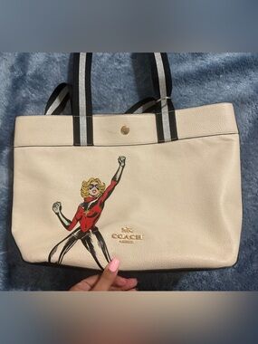 Marvel Coach Cream Leather Tote with Graphic Superhero Print and Striped Straps